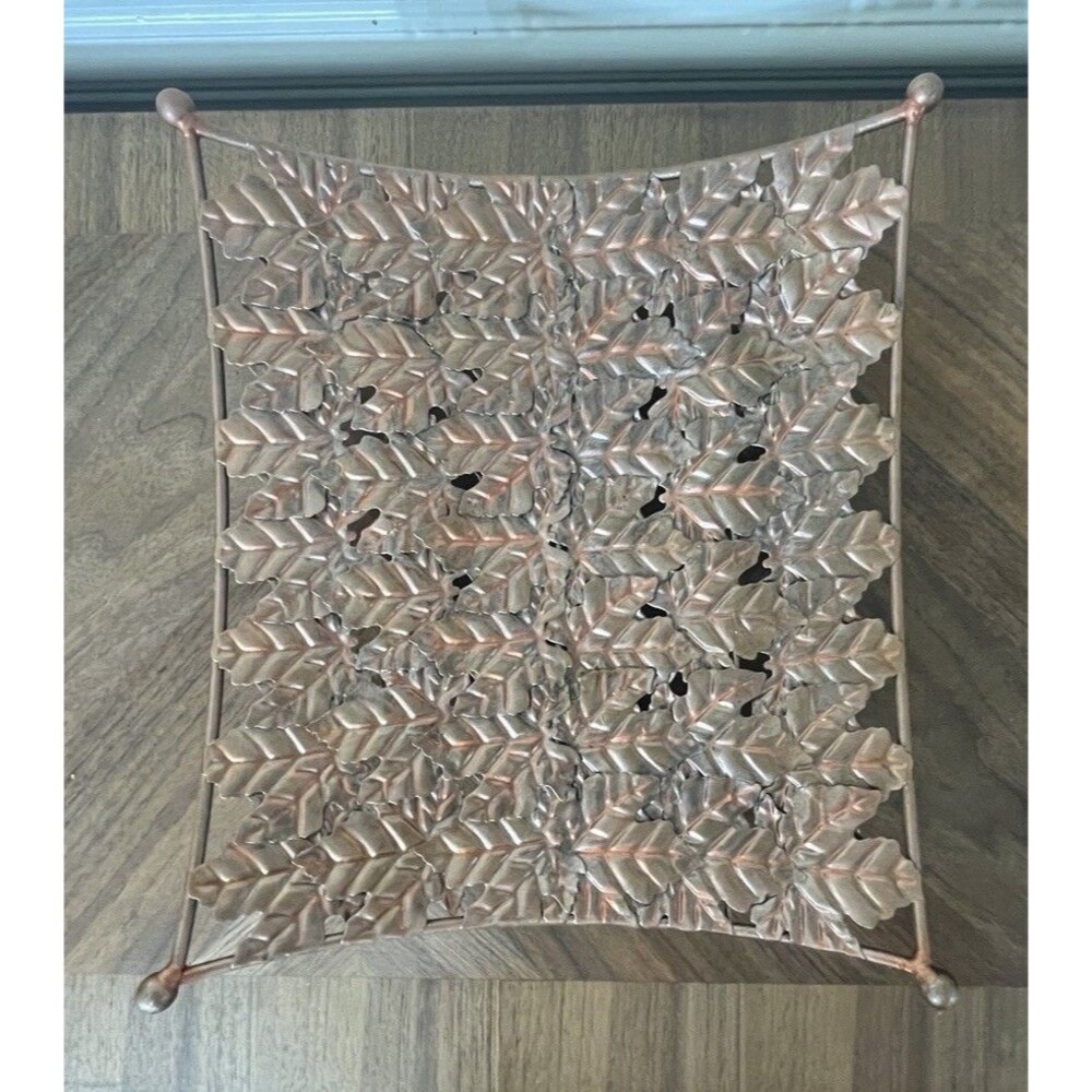 Solid Steel Embossed FALL LEAVES Square TRAY Rose Gold & Copper Boho Country